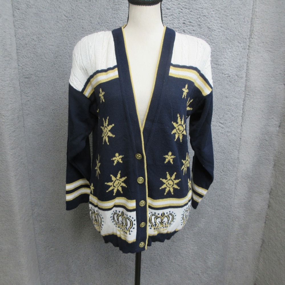 Vintage 90s Norton McNaughton Celestial Cardigan Women SP Blue Cream Oversized